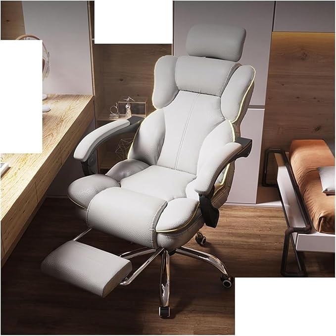 Computer Chair Household Office Chair Gaming Backrest Stool Scroll Wheel Pedal Headrest Latex Leather Rotatable Lifting Chair (Color : White B)