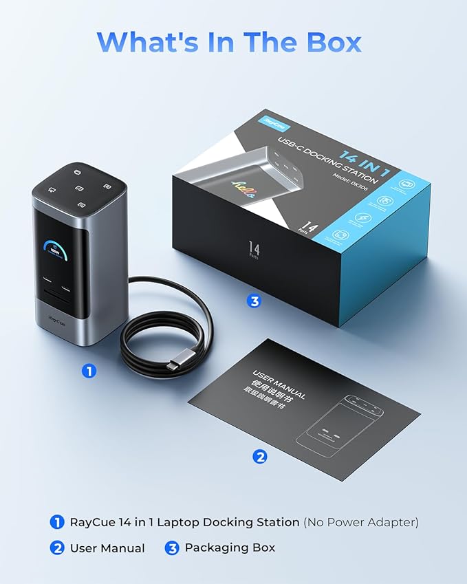 RayCue 14 in 1 Docking Station Dual Monitor 2 * 4K HDMI 6 USB Ports 5 Shortcut Button 1Gbps Ethernet PD3.0(No Power Adapter) Laptop Docking Station for Dell/HP/Lenovo/Asus/Acer/Mac