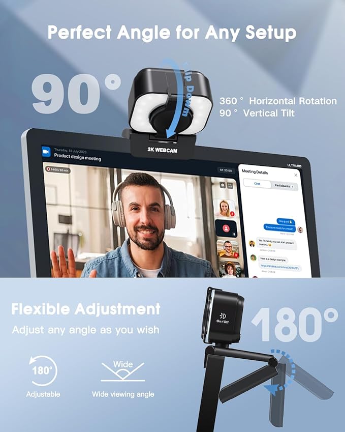 MELCAM 2K Webcam for PC Web Camera with Microphone Light Privacy Cover Plug and Play Autofocus USB Computer Camera for Laptop Desktop PC Mac Zoom Skype Meeting Streaming(Black)