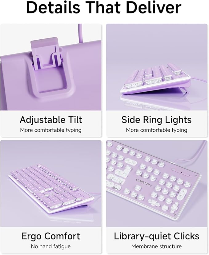 EWEADN GX710S Backlit Computer Keyboards Wired USB Keyboard with White Backlit Metal Panel Plug and Play Pudding Keycaps Full Size Quite Computer Keyboard for Win/PC/Laptop-Purple