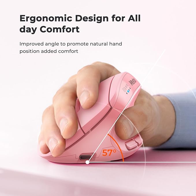 MEETION Pink Wireless Ergonomic Mouse Bluetooth Vertical Rechargeable Mice 4 Adjustable DPI 800-2400 Bluetooth 5.2+5.2+USB Mouse for Windows/Mac for Laptop/PC/Desktop/Computer/iPad