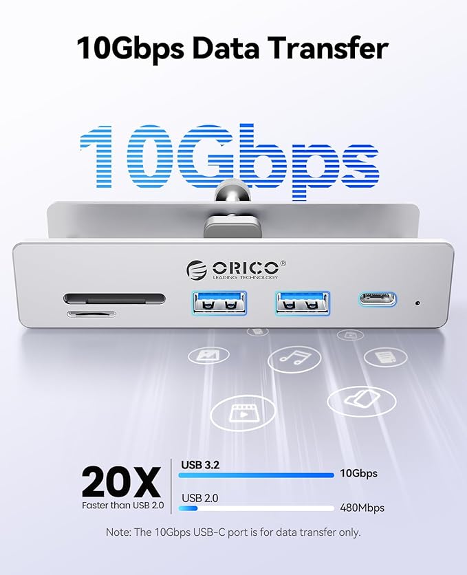 ORICO USB Hub 3.2 USB-Hub Clamp with Type-C PD 60W Port 10Gbps Aluminum 6-Port USB Extender with 2 USB-A 3.2 Ports USB-C 3.2 SD/TF Card Reader 3.0 AUX USB-3.2 Splitter for Monitor Desk