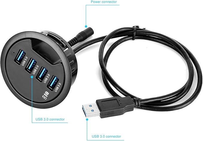 WDX Grommet Hole in Desk USB 3.0 4 Port Hub/BC 1.2 USB Charger for iPad/Tablet and iPhone/Smart Phones