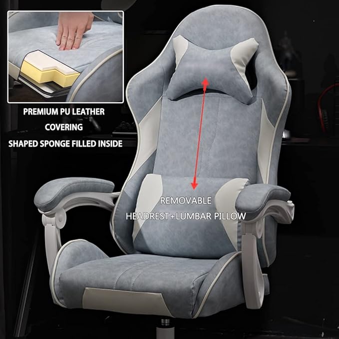 Gaming Chair with Footrest Ergonomic 5D Embracing Gamer Chair Comfortable and Soft Reclining Racing Chair Load Bearing 150kg/330.7lbs (Grey White)