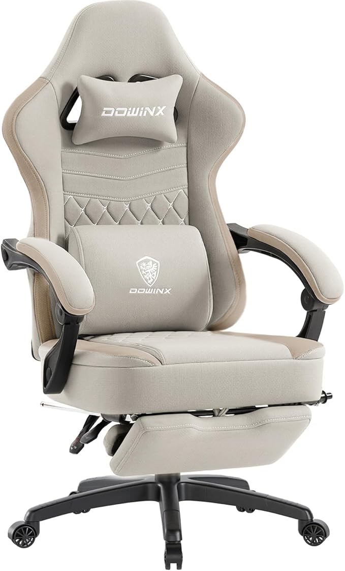 Dowinx Gaming Chair Breathable Fabric Game Chair with Gel Pad and Storage Bag Comfortable Gamer Chair with Pocket Spring Cushion Ergonomic Computer Chair with Footrest Beige and Brown