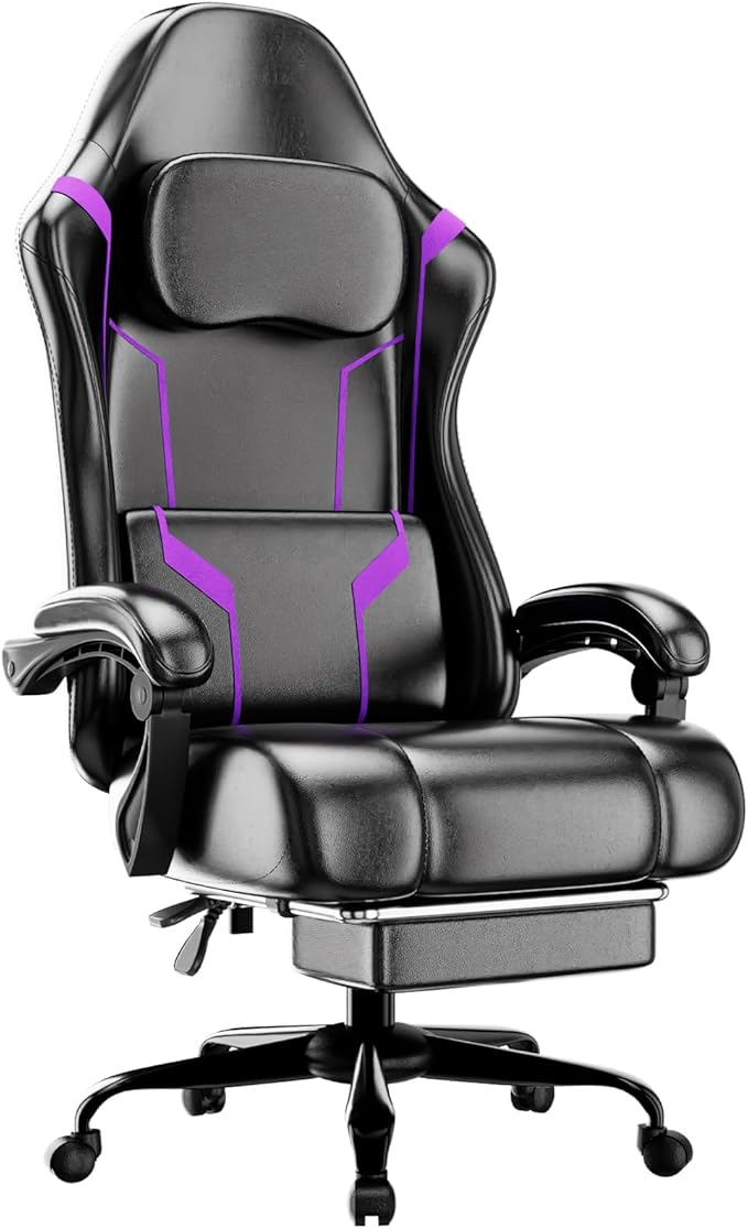 Gaming Chair with Pocket Spring Cushion and Footrest Ergonomic Computer Chair for Adults Breathable PU Leather Game Chair Adjustable Headrest and Lumbar Support Office Desk Chair