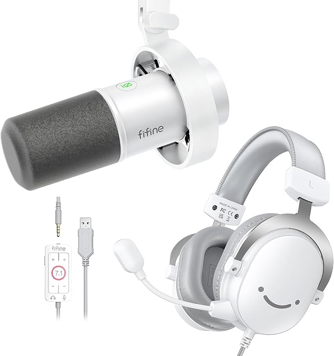 FIFINE USB PC Podcast Microphone Bundle with Gaming Headset XLR/USB Dynamic Mic with Tap-to-Mute 3.5mm Headphones Jack Streaming Over-Ear Wired Headphones for PC PS4/5 Game Console (K688W+H9W)
