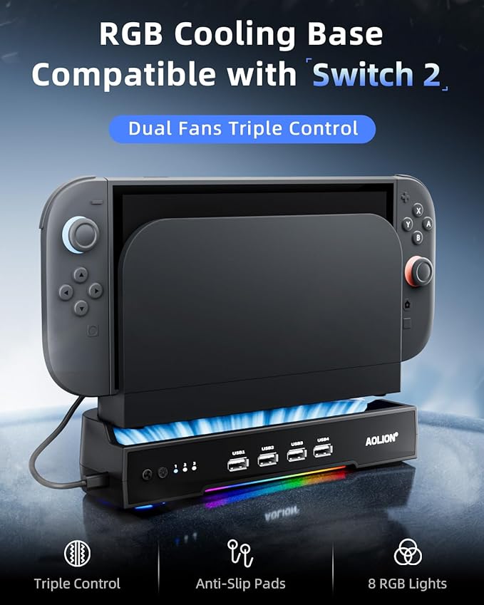 Cooling Fan for Switch 2 DockRGB Cooling Fan for Nintendo Switch 2 Dock3-Speed Adjustable AirflowHigh-Efficiency Heat Dissipation Ultra-Quiet Operationwith 4 USB HUB Portsfor Switch2 Accessories