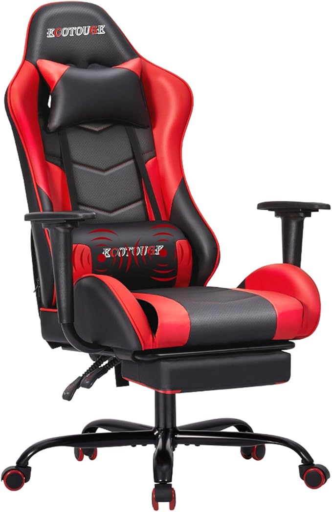 ECOTOUGE PC Massage Gaming Chair with Footrest Ergonomic Office Desk Chair Adjustable Massage Lumbar Cushion and Headrest Red