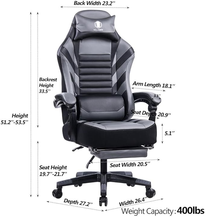 Swivel Gaming Chair Computer Chair with Footrest and Lumbar Support Ergonomic Comfortable Office Chair for Adults Height Adjustable Reclining Chairs for Office Gaming Lounge (Grey)