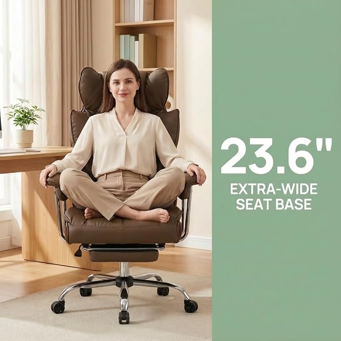Big and Tall Office Chair 400lbs - Heavy Duty Executive Desk Chair with Footrest High Back PU Leather Ergonomic Computer Chair with Extra Wide Seat &amp Thick Cushion for Home Office (Brown)