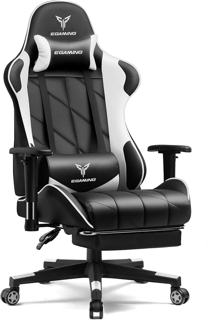 Gaming Chair Big and Tall Video Game Chair with High Back PU Leather Home Office Ergonomic Computer Chair with Footrest Adjustable Height 360° Swivel Wheels for Adults and Teens (White)