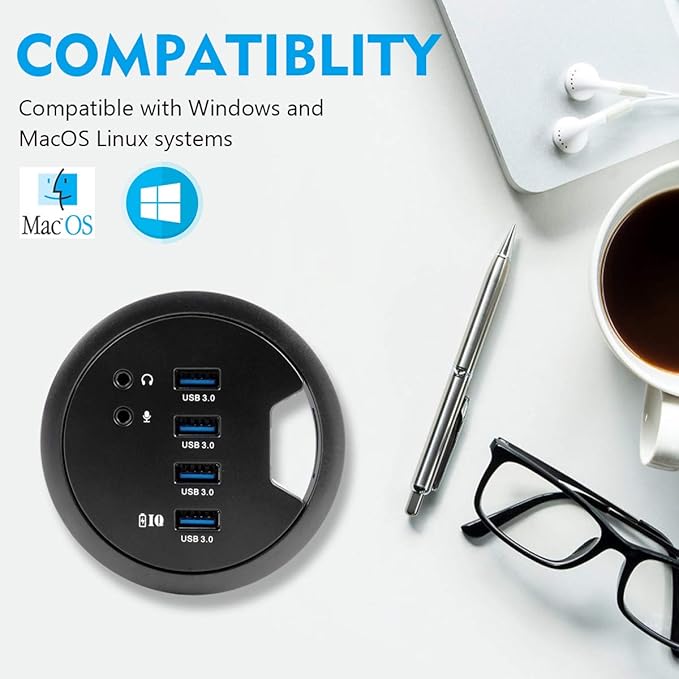 WDX Desk-Fit (Diameter 3.14 or 80MM) 4 Port USB 3.0 Hub with 3.5mm Audio Mic Phone Jack/BC 1.2 USB Charger 5V/2A Power Adapter for iPhone/Smart Phones(usb3.0 4 Port)(AC Power Supply Included)