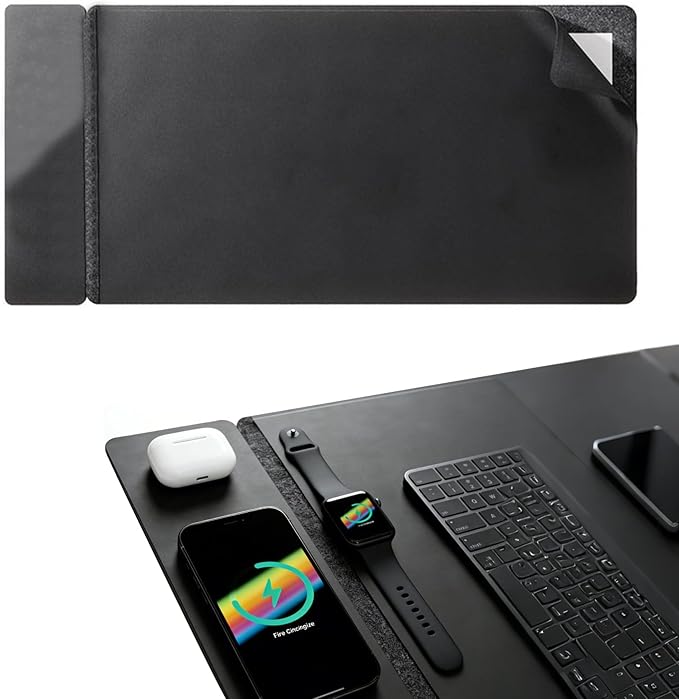 3 in 1 Wireless Charging Mouse Pad 15W Fast Charge Extended Gaming Desk Mat (78x37cm) for Keyboard and Mouse Waterproof Non-Slip Rubber Base Workstation Pad Compatible with Phone and Earbuds Black