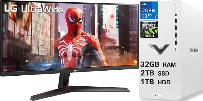 LG Gaming Monitor + HP Gaming pc Bundle 29'' UltraWide 21:9 FHD (2560x1080) IPS Display + HP Victus Gaming Desktop Intel Core i7-13700 Processor NVIDIA GeForce RTX 3060 32GB RAM 2TB SSD+1TB HDD