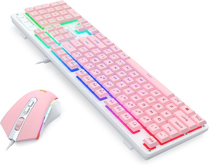 Redragon Updated S107WP Gaming Keyboard and Mouse RGB Gaming Keyboard and 10000 DPI Mouse Combo with 25-Key Anti-Ghosting 1K Hz Programmable Mice with Software Plug &amp Play to PC Laptop - Pink