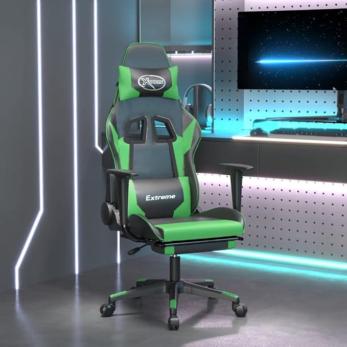 SKM Gaming Chair with Footrest Black and Green Faux Leather (16.6 KG/36.52 LBS)