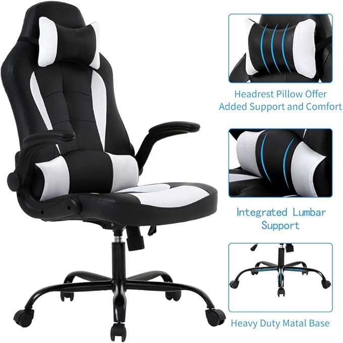 Office Chair PU Leather Desk Gaming Chair High Back Racing Height Adjustable Computer Chair with Back Lumbar Support and Removable Headrest Executive Swivel Chair Flip-Up Armrest Task Chair- White