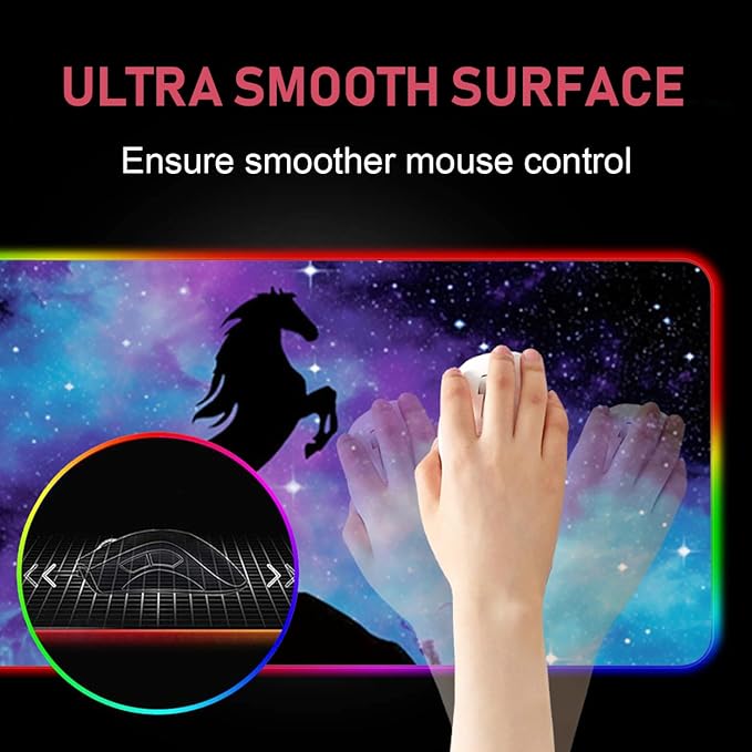 RGB Gaming Mouse Pad with Coffee Coaster Blue Galaxy Nebula Horse Design XXL Large Glowing LED Mousepad Anti-Slip Rubber Base Computer Keyboard Desk Mouse Mat 31.5 X 11.8 Inch