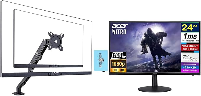 acer Nitro 24 Monitor FreeSync 100?Hz FHD 1500R Curve ZeroFrame Design with 1ms Response Time VESA Mount (100mm) VGA HDMI &amp Dockztorm USB Port Expander Black (2026) &amp Ergoflexy Single Mo