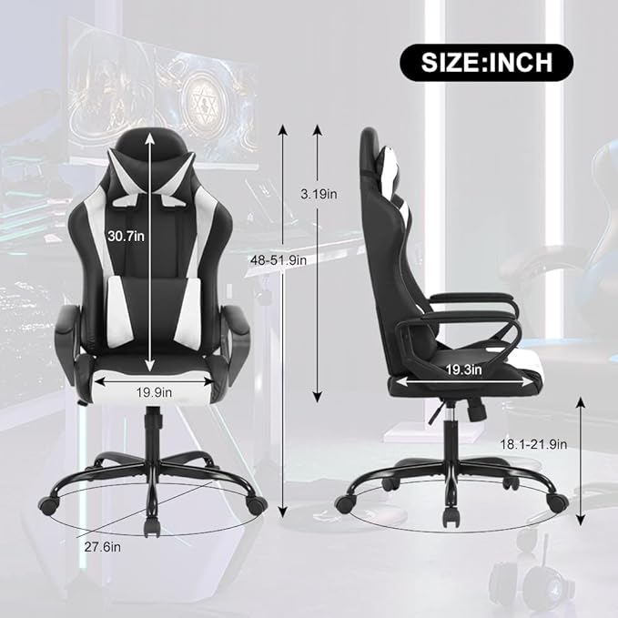 Ergonomic Gaming Chair High Back PU Leather Office Chair with Adjustable Lumbar Support &amp Headrest – Swivel Computer Desk Chair for Adults Teens Kids – Heavy Duty Executive Red Game Chair - Whi