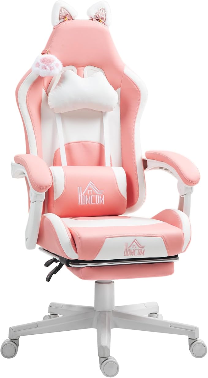 HOMCOM Racing Gaming Chair with Cat Ears Reclining Faux Leather Computer Chair with Footrest Lumbar Support and Headrest Height Adjustable Gamer Chair with Swivel Seat and Wheels Pink