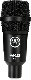 AKG Pro Audio P4 High-Performance Dynamic Cardioid Microphone for Drums and Percussions Wind Instruments and Guitar Amps Stage and Studio XLR Wired Mic Stand Adapter and Bracket Black
