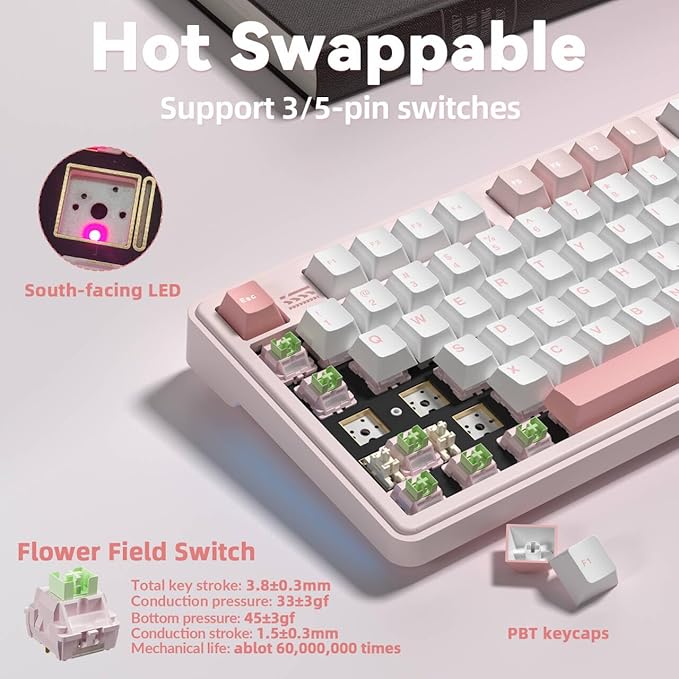LINGBAO K108 Pro Wireless Mechanical Keyboard with Screen &amp Knob Full Size Creamy Keyboard with Number Pad 10000mAh Battery PBT Keycaps RGB Backlit Hot-swappable Pink Gaming Keyboard for PC/M