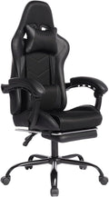 Gaming Desk Chair for Adults Ergonomic Gaming Chair with Footrest &amp Headrest and Lumbar Support Leather Material Height Adjustable Computer Video Game Chairs (Black Upgrade)