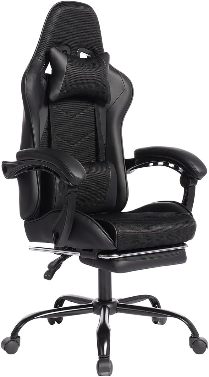 Gaming Desk Chair for Adults Ergonomic Gaming Chair with Footrest &amp Headrest and Lumbar Support Leather Material Height Adjustable Computer Video Game Chairs (Black Upgrade)