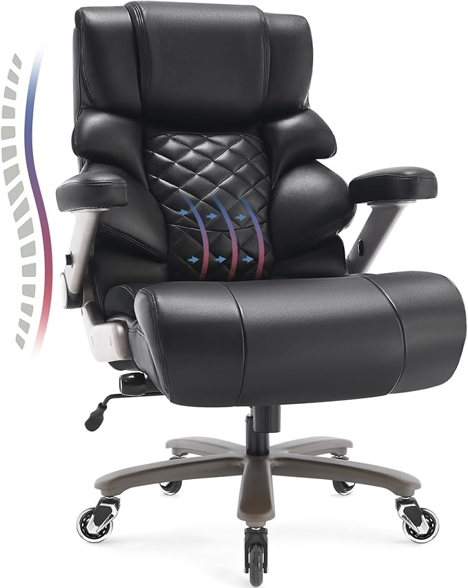 700lbs Big and Tall Office Chair - Adjustable Lumbar Support Heavy Duty Metal Base Quiet Rubber Wheels High Back Large Executive Computer Desk Swivel Chair Ergonomic Design for Back Pain Black
