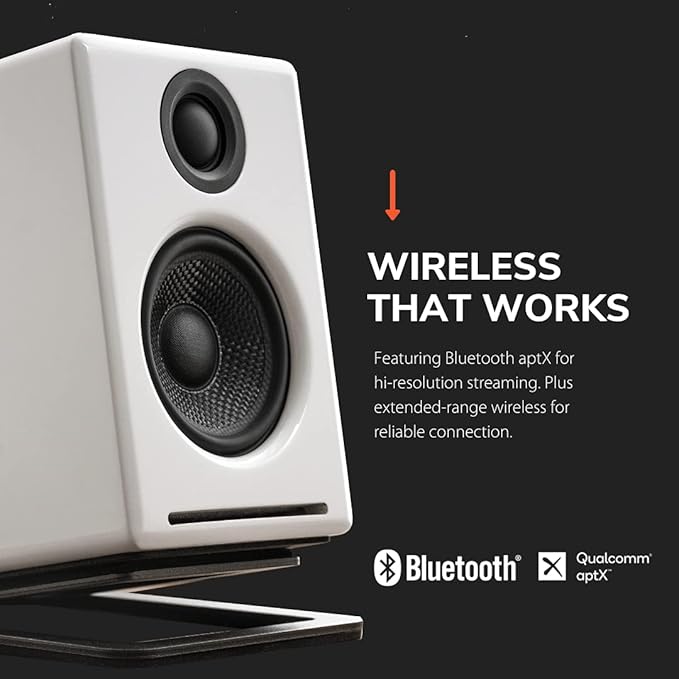 Audioengine A2 White Bluetooth Speakers and DS1M Metal Stands