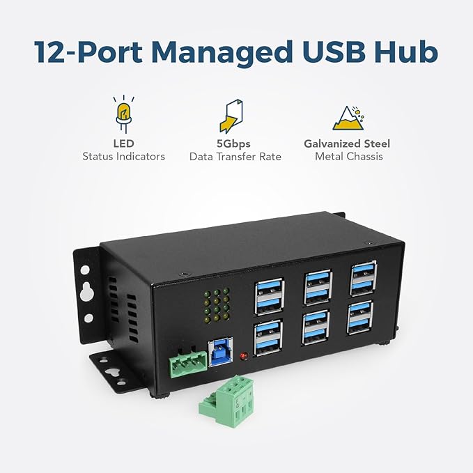 Coolgear Industrial 12-Port USB 3.2 Gen 1 Hub with Status LEDs | Rugged Metal Chassis | 5Gbps Data | Wall &amp DIN-Rail Mounting