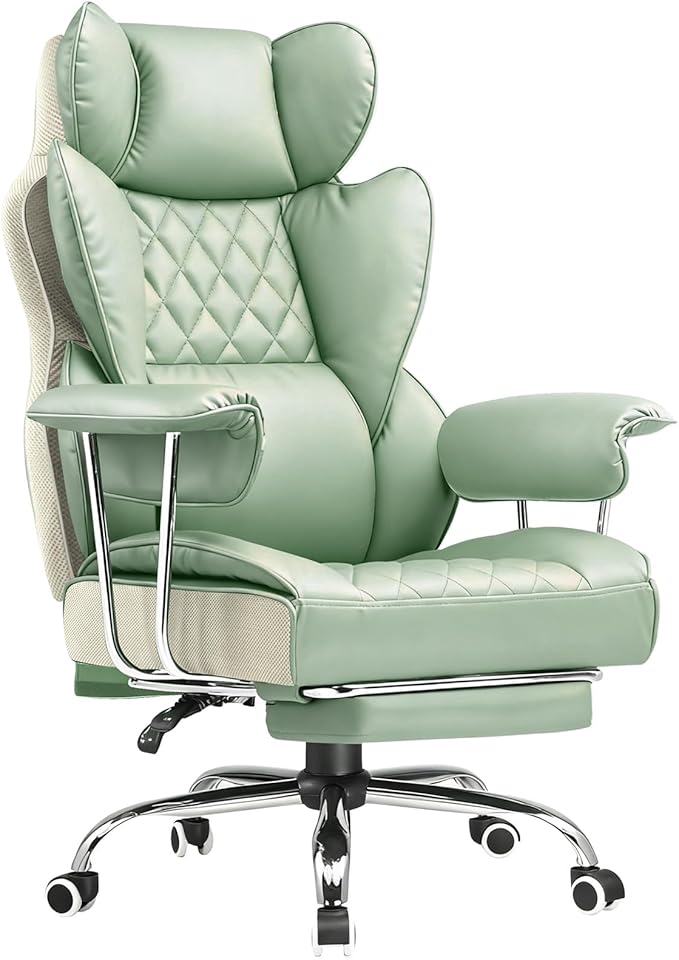 COMHOMA Big and Tall Office Chair High Back Leather Gaming Chair with Footrest Executive Ergonomic Office Chairs with Pocket Spring Lumbar Support and with Outward Fixed Soft Armrests