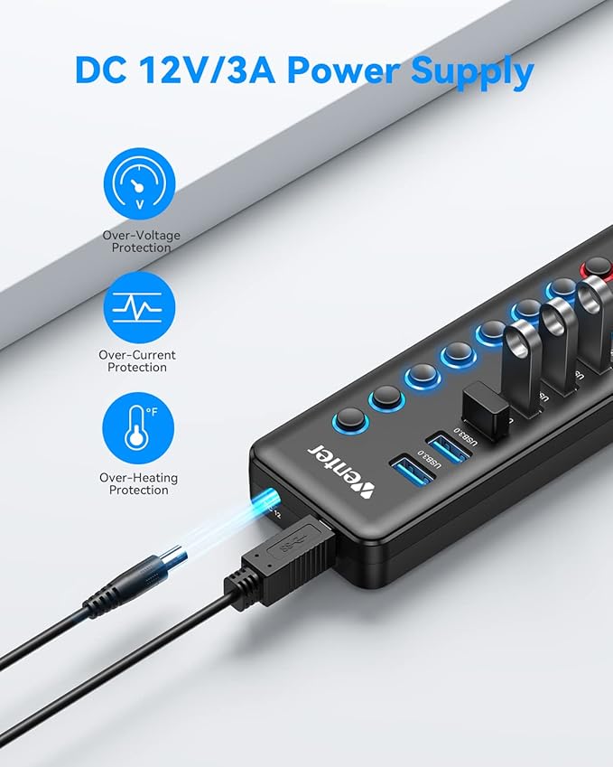 Powered USB 3.0 Hub Wenter 11-Port Hub Splitter (7 Faster Data Transfer Ports+ 4 Smart Charging Ports) with Individual LED On/Off Switches Power Adapter for Mac PC