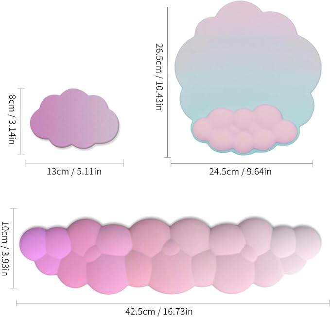 Cloud Mouse Keyboard Wrist Rest:Cute Wrist Rest Set -Ergonomic Memory Foam Wrist Support Pad with Non-Slip Base for Typing Pain Relief - for Computer Keyboard Laptop Offices (Cyan/Pale Purple/Pink)