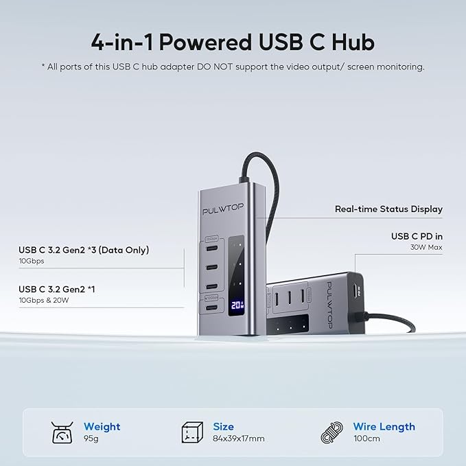 Powered USB C Hub 4 in 1 USB C Hub Support Data 10Gbps &amp Charging(Not Support Video) USB C Powered Hub 10Gbps Ports for iMac MacBook Pro/Air iPad XPS USB Hub with 30W PD Power Adapter