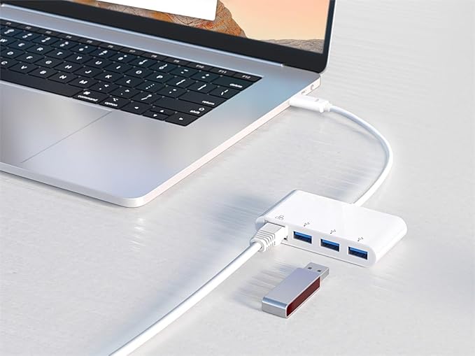 Monoprice USB-C 3-Port USB 3.0 Hub and Gigabit Ethernet Adapter - Plug-n-Play Supports Up To 5Gbps Data Rate Compatible with MacOS Windows Chrome OS White - Select Series