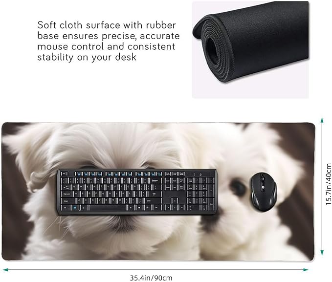 Gaming Mouse Pad Extended Full Keyboard Mat with Stitched Edges Anime Large Desk Pad with Non-Slip Base Cute Maltese Puppy Mouse Mat for Gaming and Office 16 x 35.5 inches Mousepad