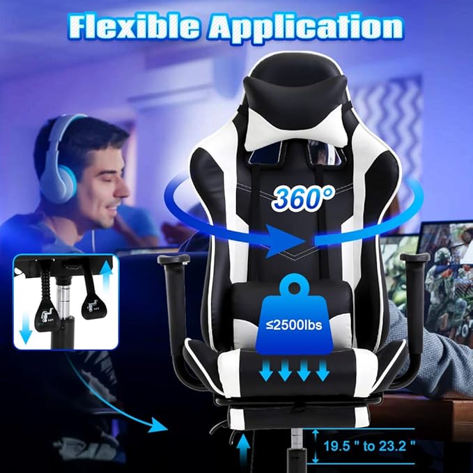 PC Gaming Chair High Back Executive Office Chair Pu Leather Computer Chair Racing Lumbar Support Slide-Out Footrest Adjustable Swivel Video Game ChairWhite…