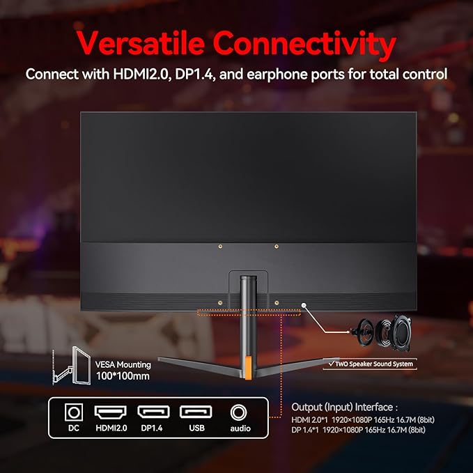 24 Inch Gaming Monitor FHD 1080P 165Hz Monitor IPS Display Free-sync Compatible 99% SRGB Color Gamut VESA 100 * 100mm Eye Care Ultra-Slim Frame Black