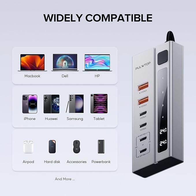 Powered USB C Hub PULWTOP USB Hub Powered Support 10Gbps Data &amp PD 45W Charging Not Support Video 2USB-C 10Gbps Ports 2USB 3.1 10Gbps Ports power adapter for iMac MacBook Pro/AiriPad XPS Ada