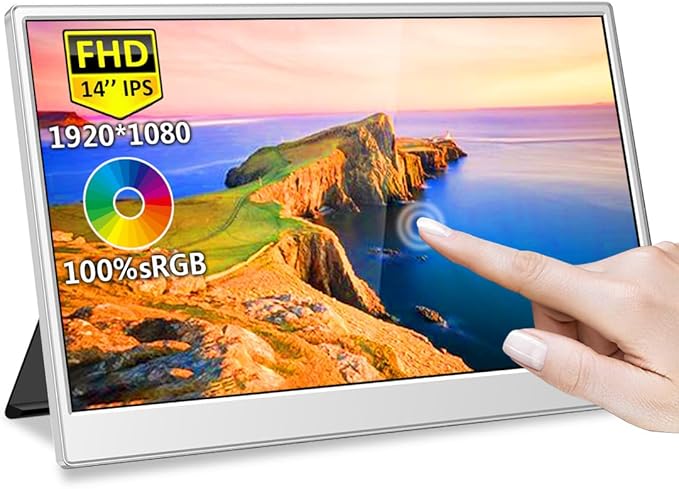 14 Inch Touchscreen Portable MonitorFHD 1080p100% sRGB DisplayBuilt USB-CHDMIMini DPFolding Kickstand Extend Second Screen for Laptop/PC/Phone/Game Console