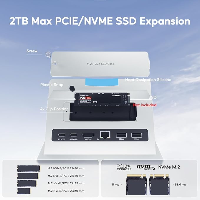 MacBook Pro Air Docking Station Vertical USB C Laptop Docking Station with M.2 SSD Slot HDMI 4K@60Hz 4 USB A/C Max 10Gbps Ethernet SD/TF PD Dock for MacBook/USB-C Win Laptops - Silver