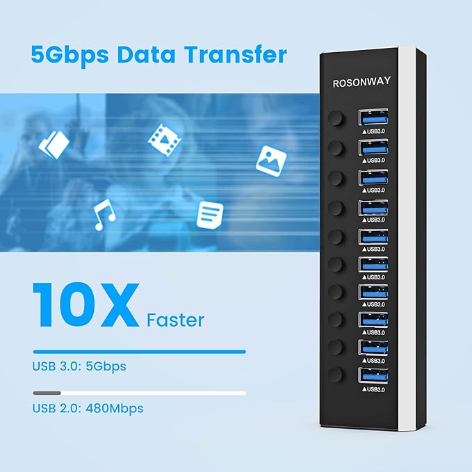 Powered USB Hub Rosonway Aluminum 10 Port USB 3.0 Data Hub with 36W (12V/3A) Power Adapter and Individual On/Off Switches USB Splitter(RSH-A10) (Pack of 2)