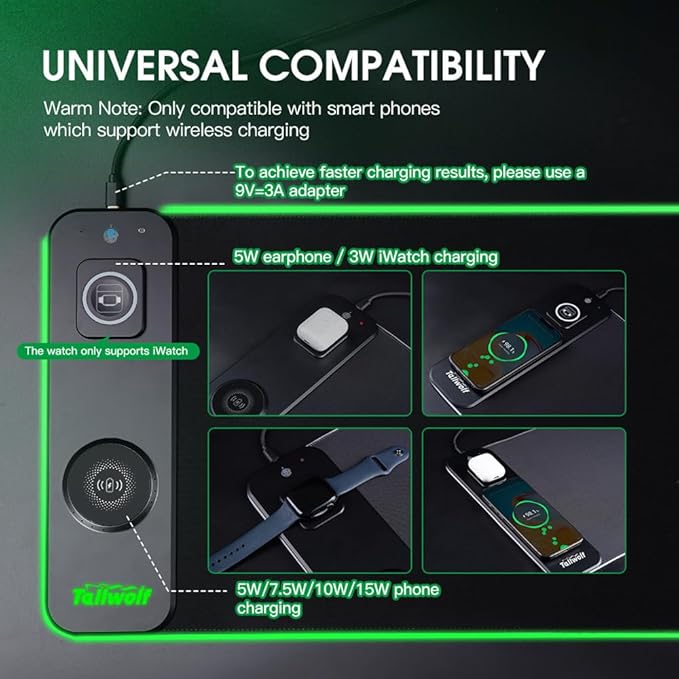3-in-1 Wireless Charging RGB Gaming Mouse Pad 800x300mm 10 LED Light Modes Non-Slip Rubber Base USB Compatible with PC