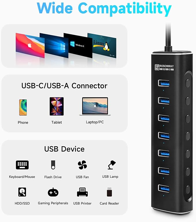 Powered USB Hub Rosonway 7 Ports USB 3.1/3.2 Gen 2 Hub 10Gbps with 3.3ft USB-A/USB-C Data Cable Individual Switches and 24W Power Adapter Aluminum USB C Hub for Laptop and PC RSH-A107