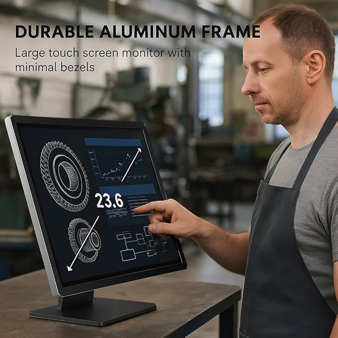 ANGEL POS 23.6 Commercial Grade Metal Housing Capacitive LED Capacitive Multi-Touch HDMI VGA Monitor 16:9 Display 1920 x1080 Splash Proof Touchscreen Industrial Office Retail Restaurant
