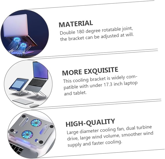 Adjustable Height Laptop Cooling Pad with Dual Fans Aluminum Alloy Ventilated Cooler Stand for Gaming and Office Use Silver