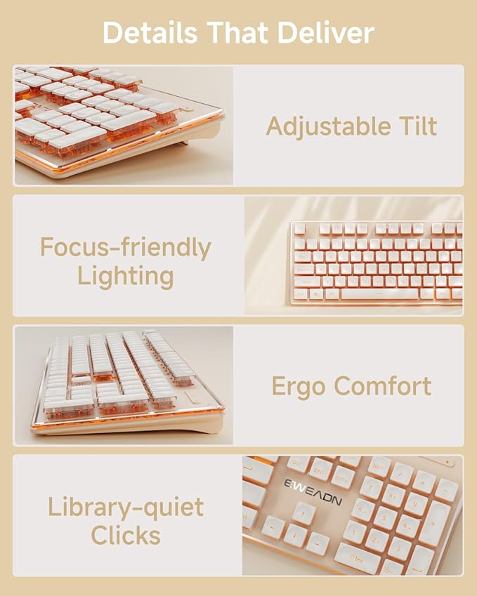 EWEADN V3 Wireless Keyboard and Mouse with Single Backlit Metal Panel Bluetooth/2.4G Rechargeable Computer Keyboard and Mouse Combo Silent Lighted Full Size Cute Keyboards-Rose Gold